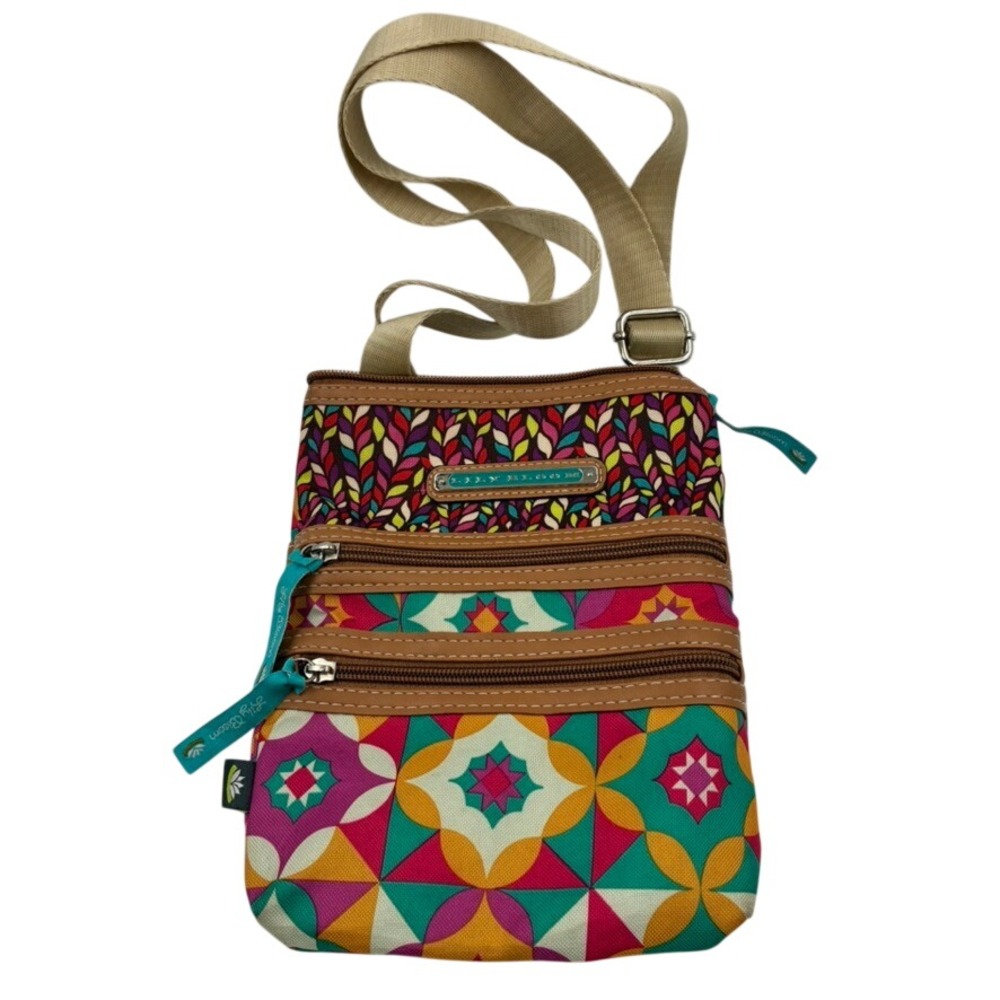 Lily Bloom Mandala Crossbody Bag Colorful Geometric Print Tan Canvas 9.5"x 7.5"